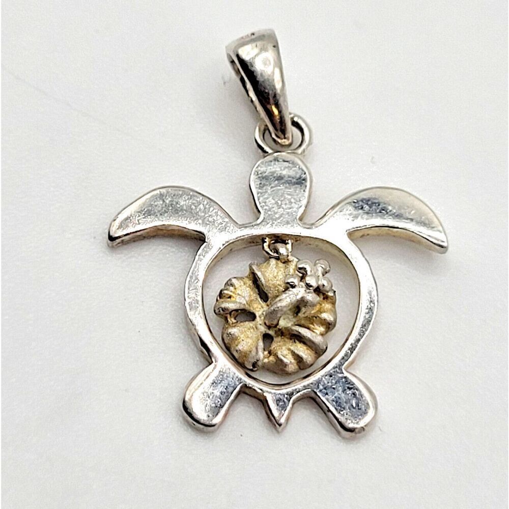 Sterling Silver 925 Hawaiian Sea Turtle Hibiscus Flower Hawaii Pendant 1in 1.8 g